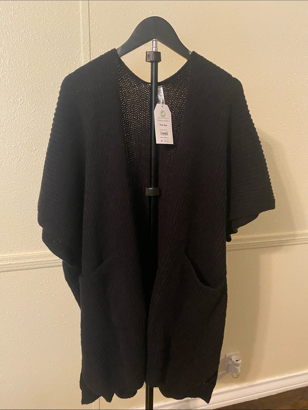 Time and Tru Black Open-Front Knit Cape with Pockets